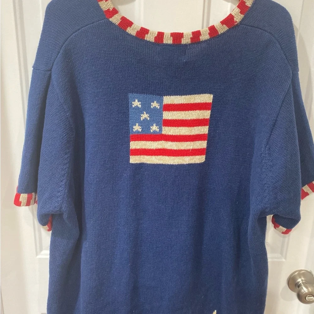 Quacker Factory Navy Blue Star Cardigan with Cream Stars and Red-White Trim